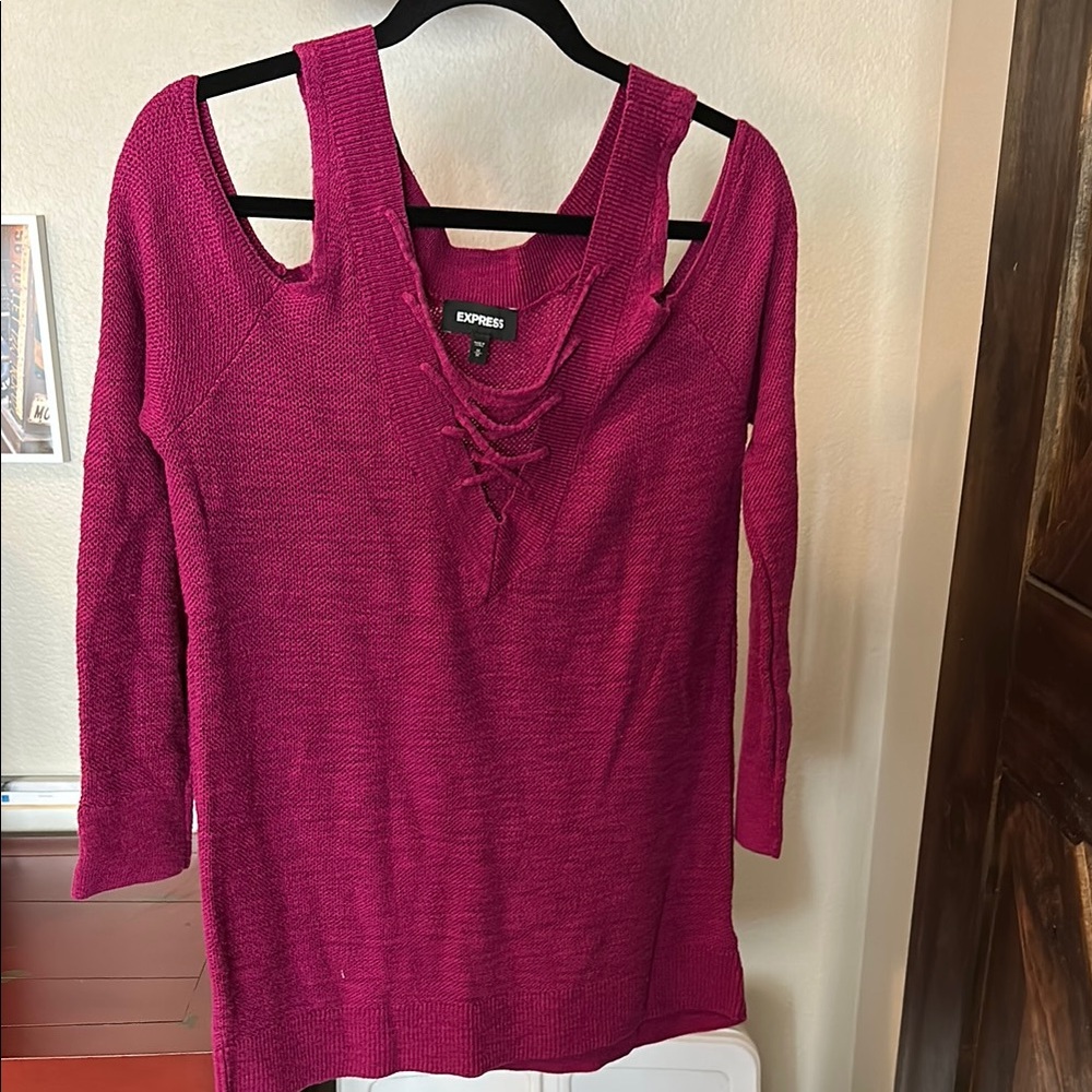 Express Fuchsia Knit Top with Lace-Up Detail
